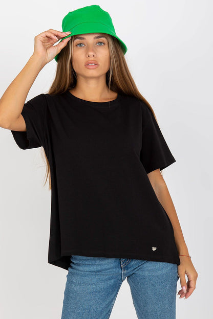 Model wearing Luxury Women's BFG T-Shirt in classic black, complemented by a green bucket hat and blue jeans. A chic and versatile look for any occasion.