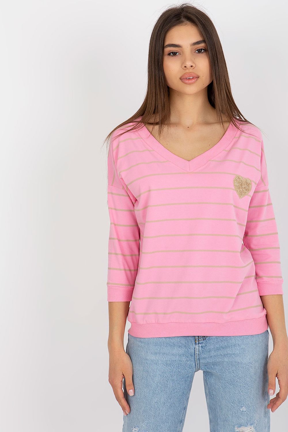 Elegant BFG Cotton Blend Blouse in soft pink with decorative heart patch and 3/4 sleeves, designed for a luxurious casual look.
