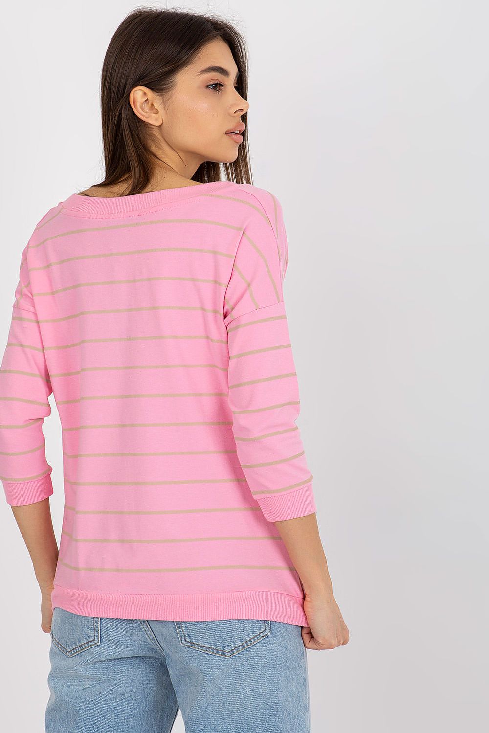 Elegant BFG cotton blend blouse in pink, showcasing a chic back view with subtle stripes and 3/4 sleeves, ideal for a stylish and relaxed outfit.