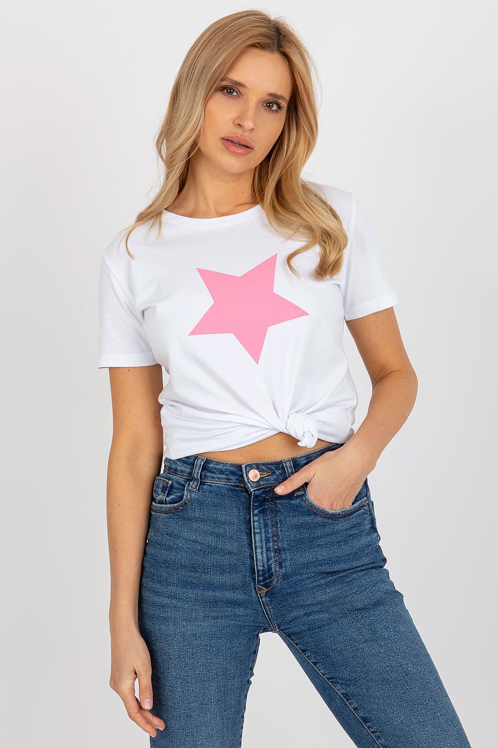 Luxury Women's Cotton Spandex BFG T-Shirt featuring a pink star decorative print, styled with high-waisted denim jeans, exuding effortless chic elegance.