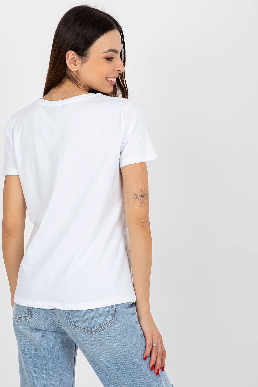 Back view of a luxury women's cotton spandex BFG T-shirt in white, showcasing its minimalist design and soft fabric texture.