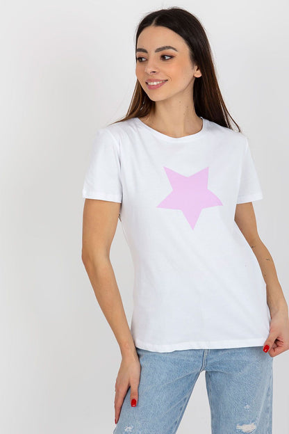 Stylish women's white cotton spandex BFG T-shirt featuring a delicate pink star print, exuding casual elegance and comfort.