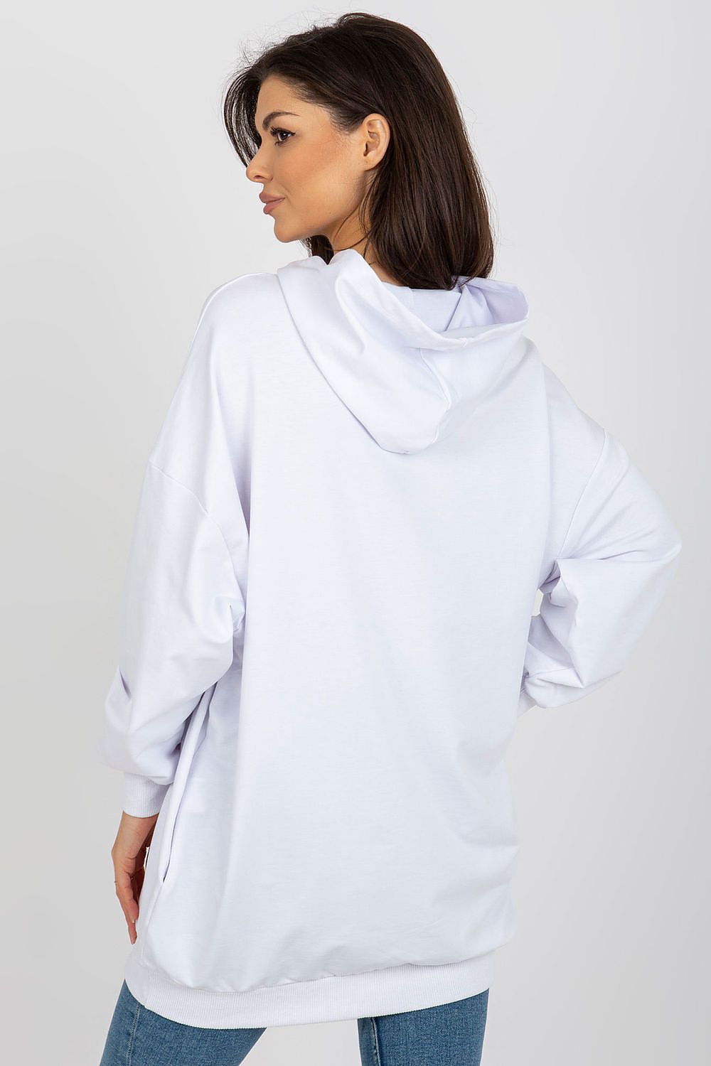 Chic back view of a white women's hoodie by Fancy, highlighting its stylish hood and relaxed fit, perfect for luxury casual wear.