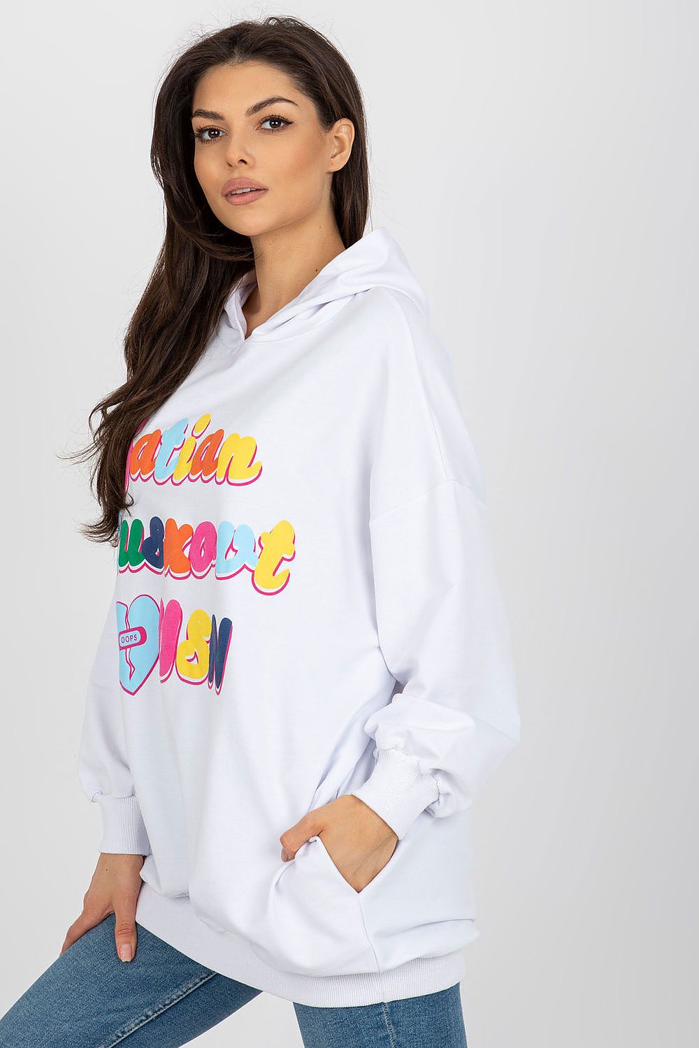 Luxurious women's hooded sweatshirt in white by Fancy, featuring long sleeves and vibrant decorative front inscription, perfect for stylish casual wear.