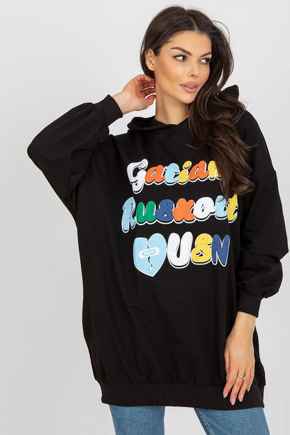 Elegant black women's hooded sweatshirt by Fancy, showcasing long sleeves and colourful decorative inscription for a chic and trendy look.