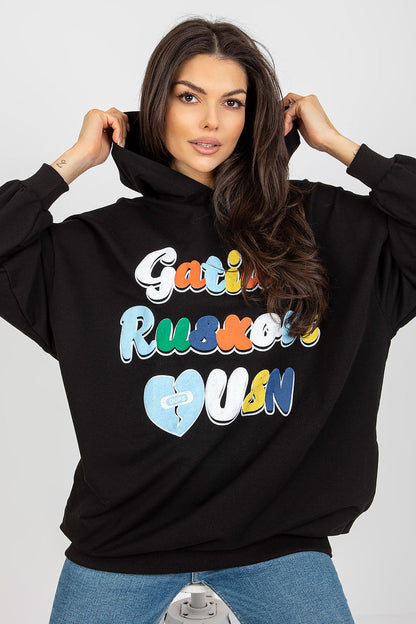 Chic black women's hooded sweatshirt from Fancy, with a stylish front inscription and oversized fit, ideal for a fashionable yet comfortable outfit.
