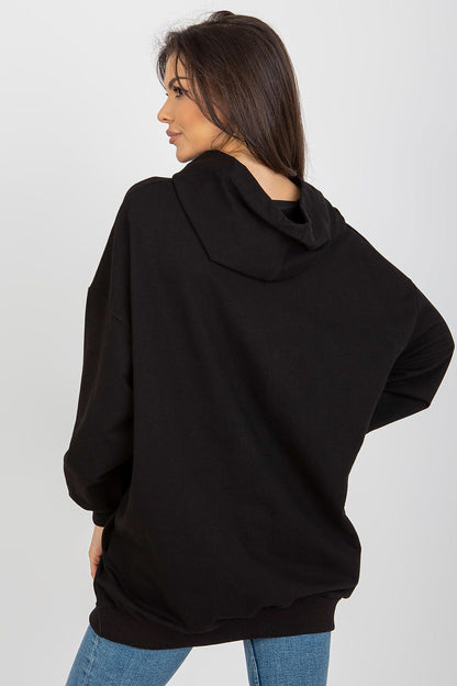 Sophisticated view of a black hooded sweatshirt by Fancy, designed with a stylish inscription and perfect for a modern casual look.