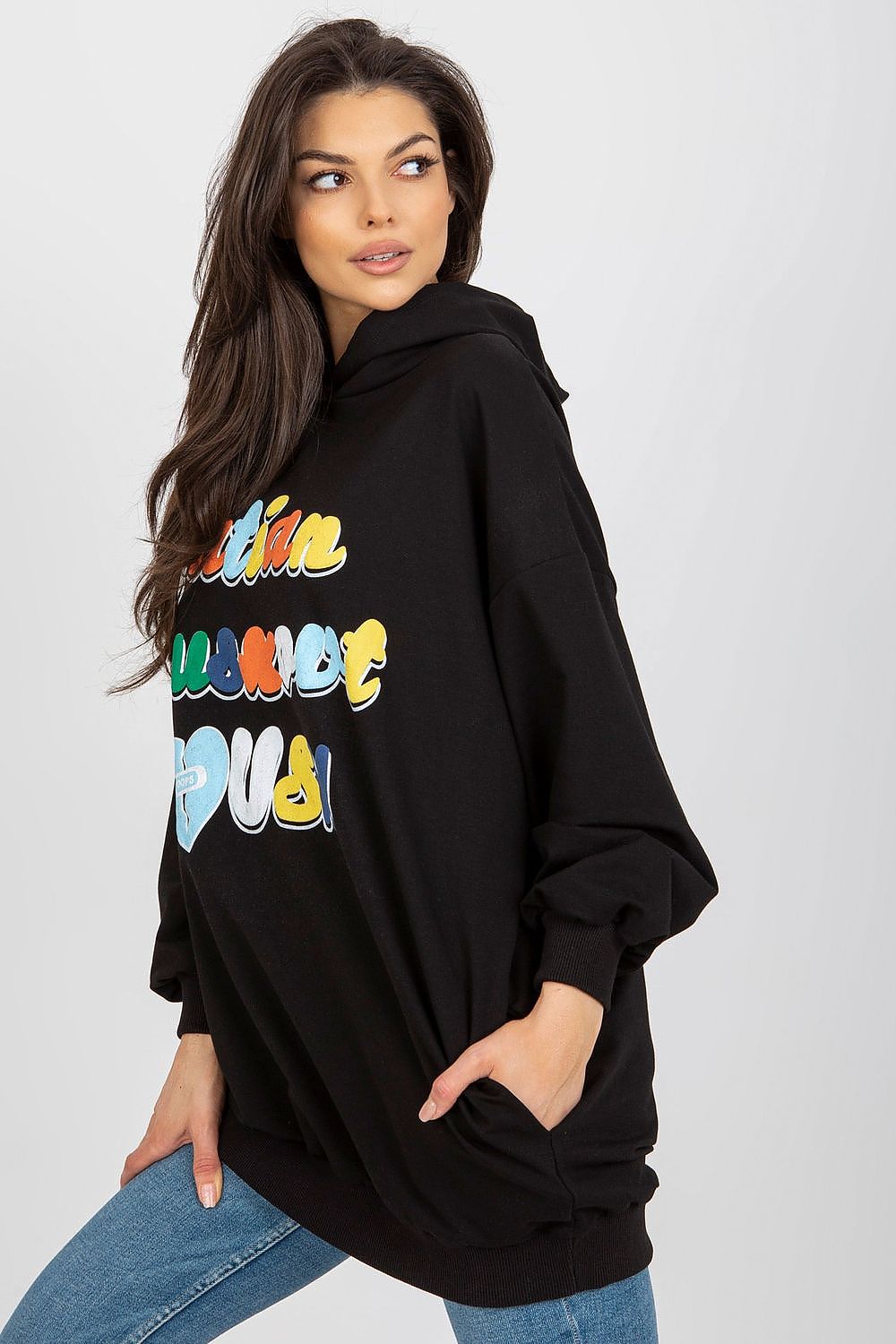 Elegant black hooded sweatshirt by Fancy, featuring oversized design and decorative inscription, perfect for those seeking luxury in casual fashion.