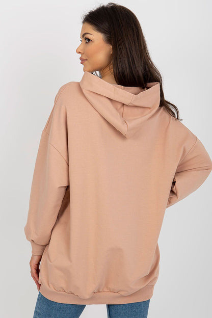 Sleek back view of a luxurious beige women's hooded sweatshirt with a comfy fit and decorative details, created by Fancy.