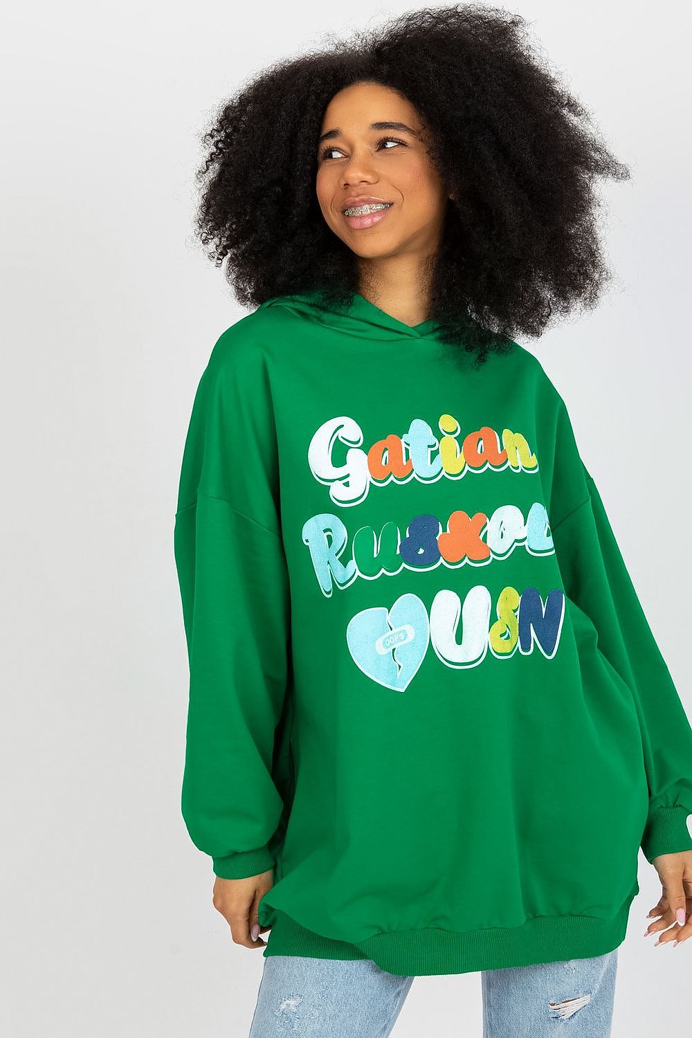 Chic women's hooded sweatshirt in vibrant green, adorned with colourful decorative inscription, a stylish piece by Fancy.