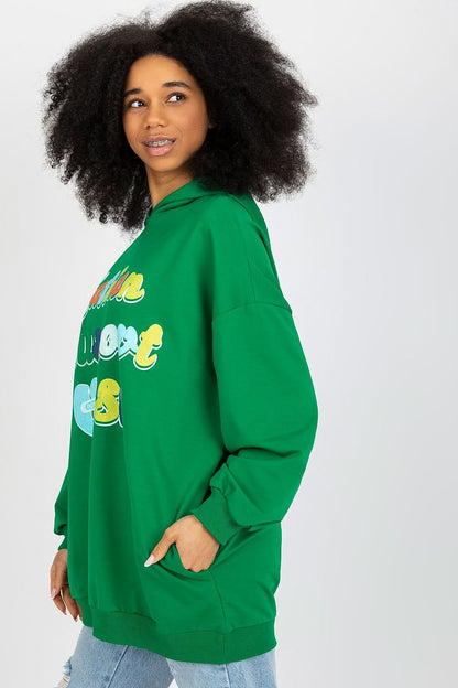 Luxurious women's green hooded sweatshirt with long sleeves and decorative inscription, designed by Fancy, perfect for casual yet stylish wear.