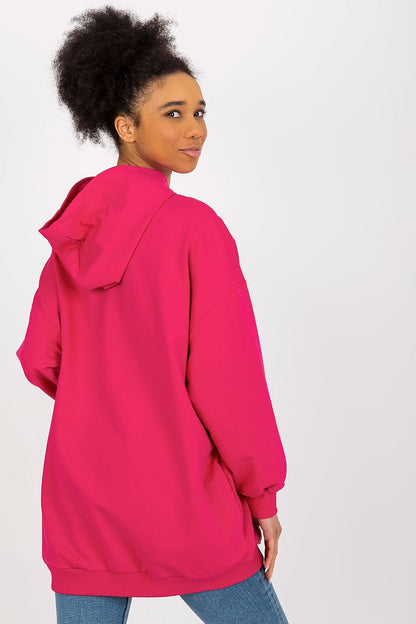 Sophisticated back view of a women's pink hooded sweatshirt with a relaxed fit, designed by Fancy for a fashionable statement.