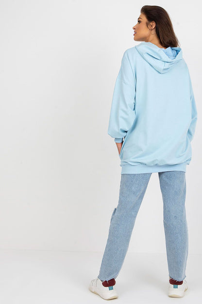 Fashionable women's hooded sweatshirt by Fancy seen from the back, model wearing it casually, highlighting the soft fabric and relaxed fit.