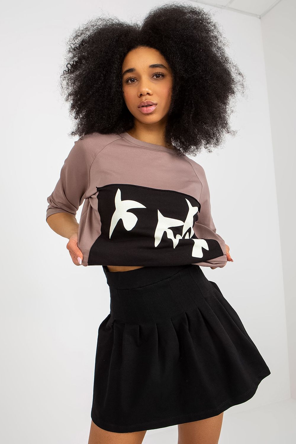 Luxurious Fancy sweatshirt set showcasing a fashionable round neck sweatshirt with decorative print and a chic black skirt, ideal for stylish casual wear.