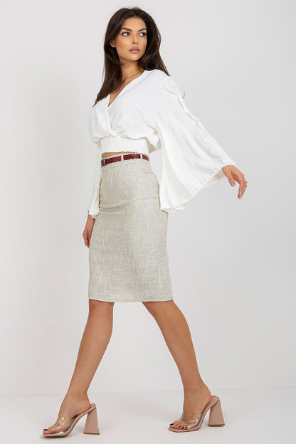 Elegant white blouse by Italy Moda, featuring flowing pleated sleeves and a sophisticated envelope neckline, paired with a textured pencil skirt for a refined look.