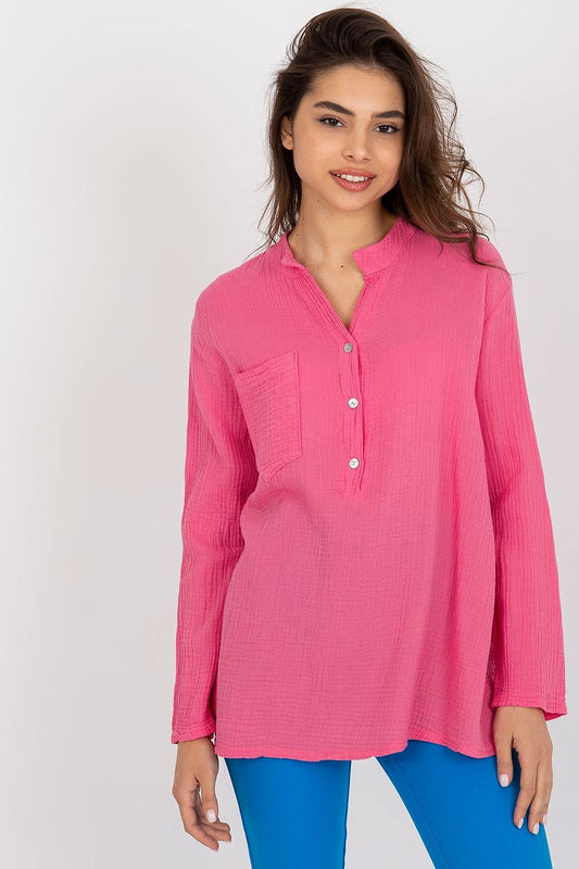 Elegant pink cotton muslin blouse by Och Bella, featuring a relaxed fit, long sleeves, a stylish v-neck, and a front pocket, perfect for sophisticated casual wear.