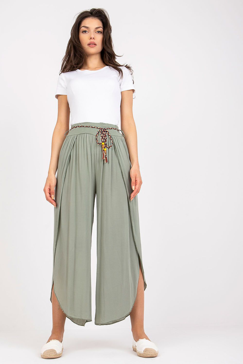 Fashionable olive green high-waist trousers by Och Bella, featuring a decorative waist tie, displayed in an elegant front view with luxurious styling.