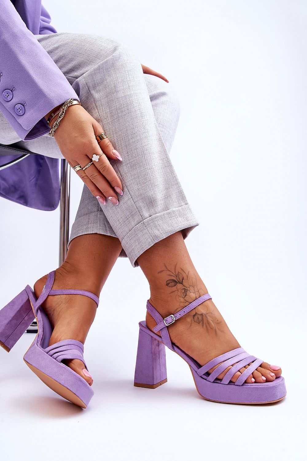 Stylish luxurious women's heel sandals in lavender eco suede featuring adjustable ankle straps, complemented by a soft insole for comfort by Step in Style.