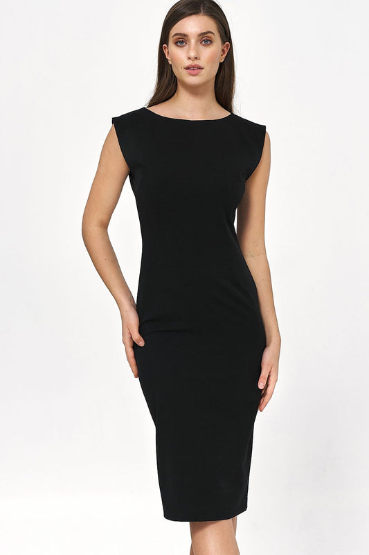 Elegant knee-length black bodycon dress by Nife featuring a classic round neckline, perfect for formal occasions.