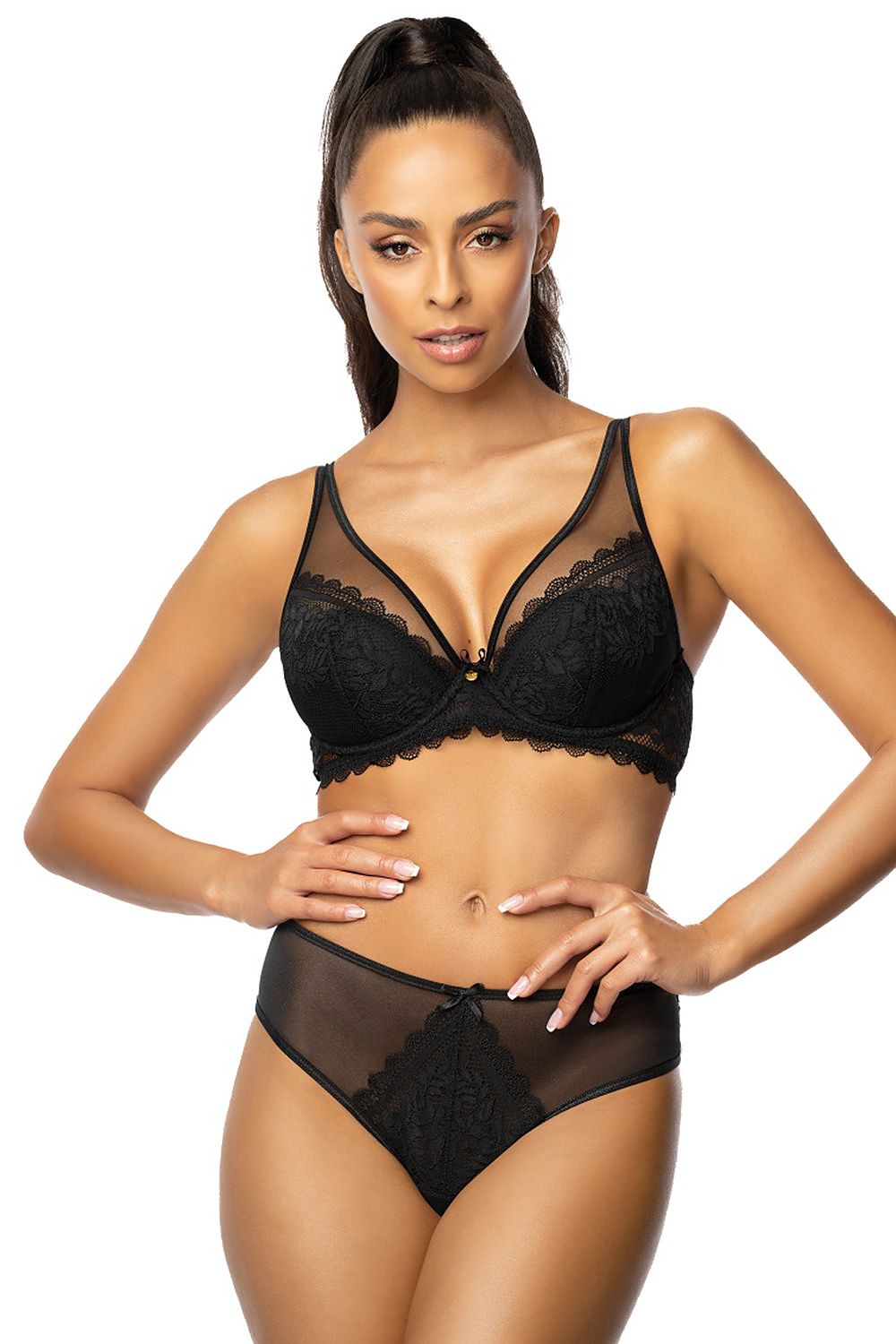Stunning black floral lace lingerie set by Mat, featuring crowned panties and a matching bra on a model, highlighting intricate lace details and mesh elegance for a luxurious appearance.