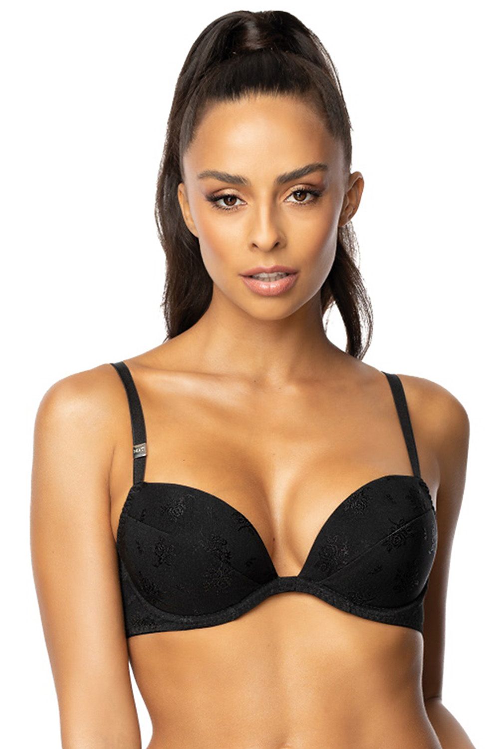 Luxury black floral push-up bra featuring smooth knit fabric and embossed floral pattern, designed by Mat. Perfectly emphasizes cleavage with adjustable straps and removable inserts.