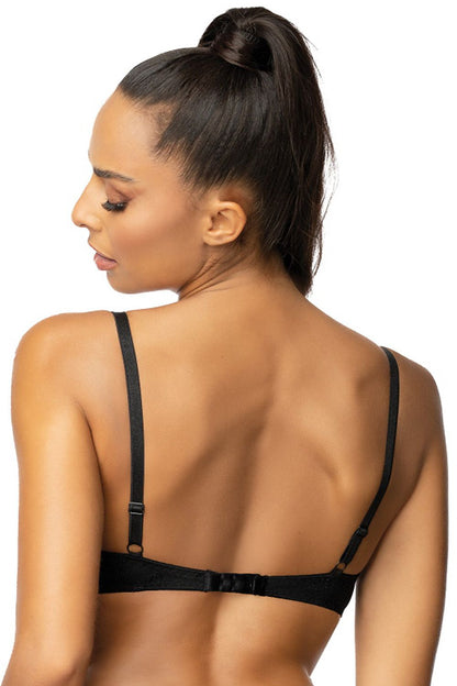 Elegant back view of a luxury black floral push-up bra by Mat, featuring adjustable straps and a delicate floral design, highlighting a smooth fit against the skin.