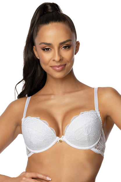 Mat Elegant Lace Push-Up Bra displayed on a model, showcasing delicate floral motifs and adjustable straps.