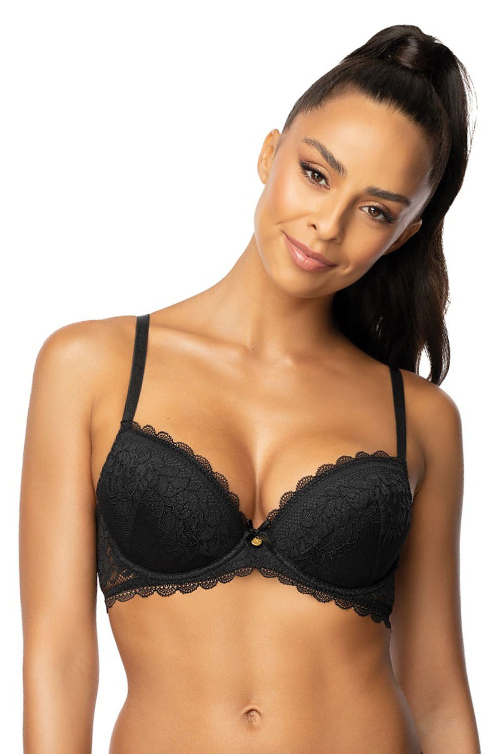 Elegant black lace push-up bra featuring removable inserts and adjustable non-removable straps, designed by Mat for a flattering fit. Perfect for enhancing deep necklines with its intricate floral motif and luxurious detailing.