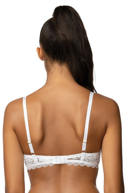 Back view of a luxurious white lace push-up bra by Mat, showcasing elegant construction and adjustable straps for a perfect fit.