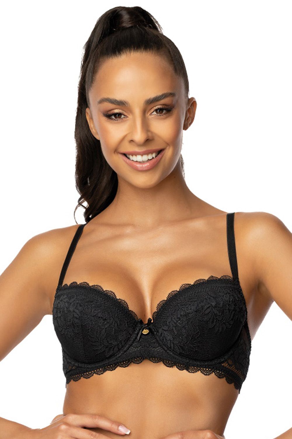 Stunning black lace push-up bra by Mat, featuring removable inserts and adjustable straps, elegantly worn by a model.