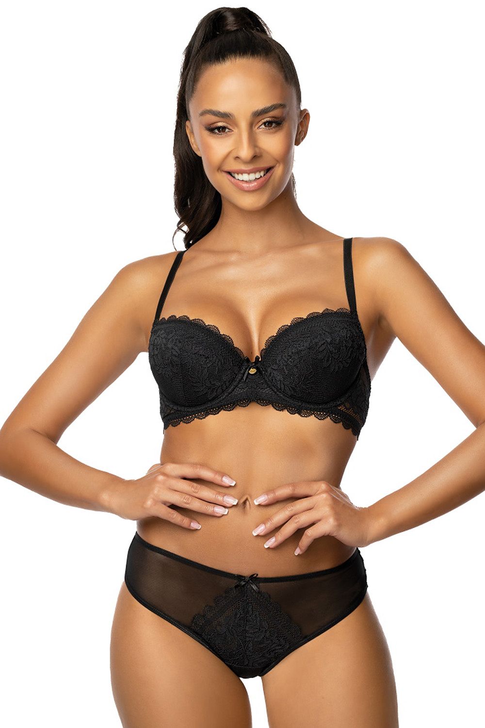Elegant black lace push-up bra and matching brief set by Mat, showcased by a smiling model.