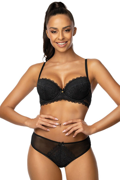 Elegant black lace push-up bra and matching brief set by Mat, showcased by a smiling model.