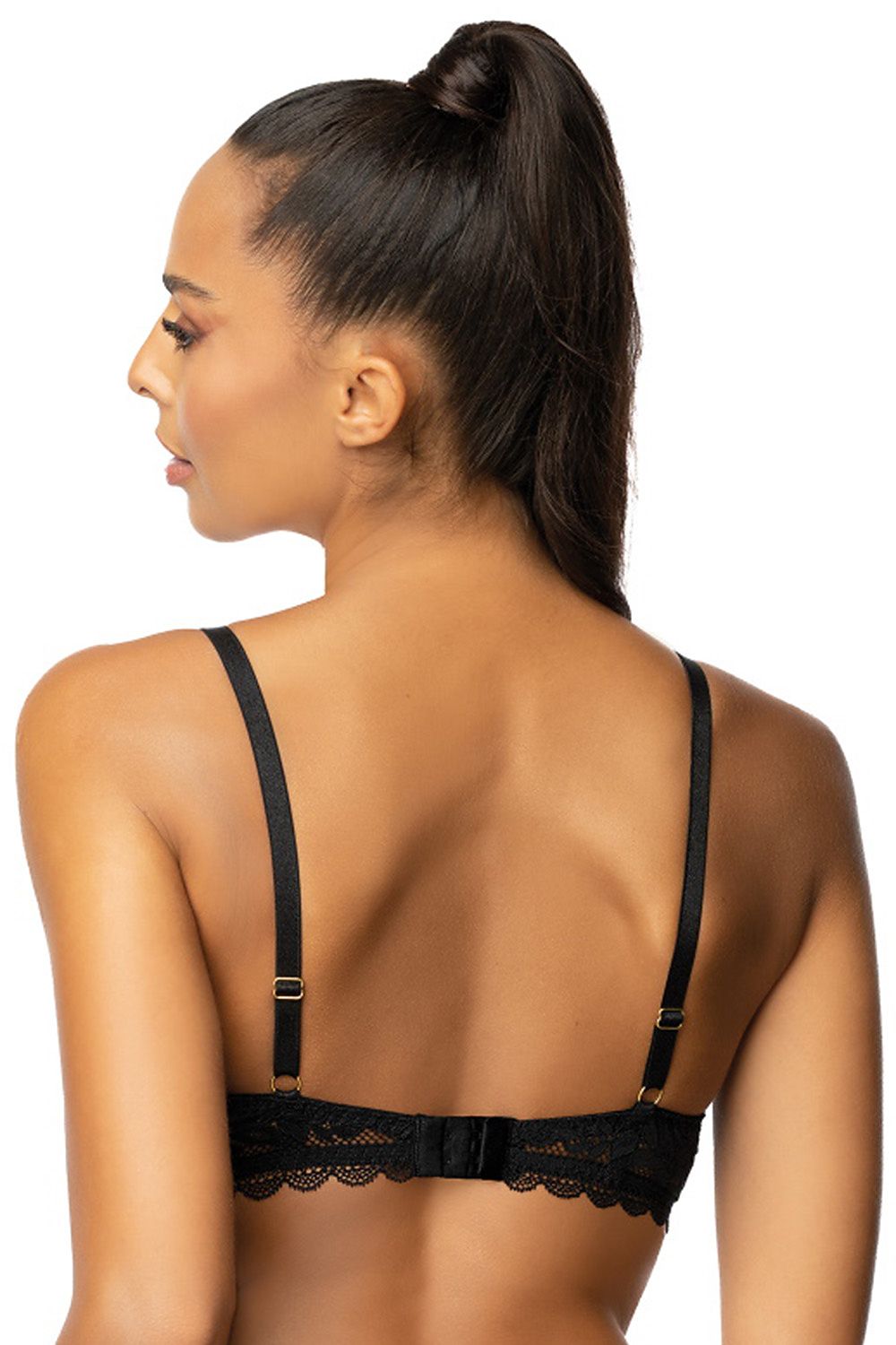 Back view of a chic black lace push-up bra from Mat, highlighting its adjustable straps and intricate lace detail.