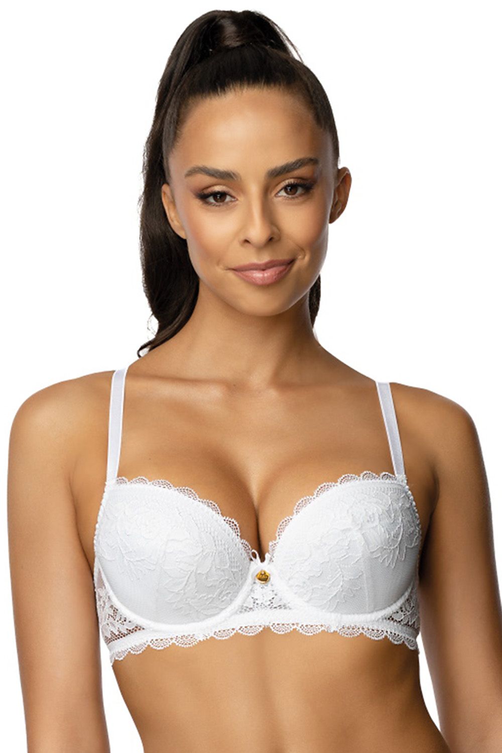 Sophisticated white lace push-up bra by Mat, designed with removable inserts, beautifully modelled.