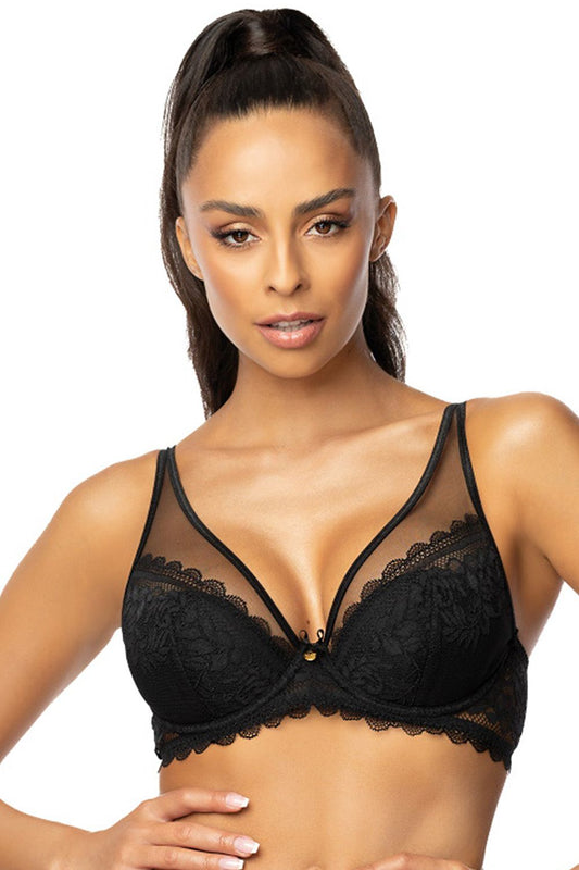 An elegant lace push-up bra with adjustable straps modeled by a stunning model, showcasing floral detailing, from vendor Mat.