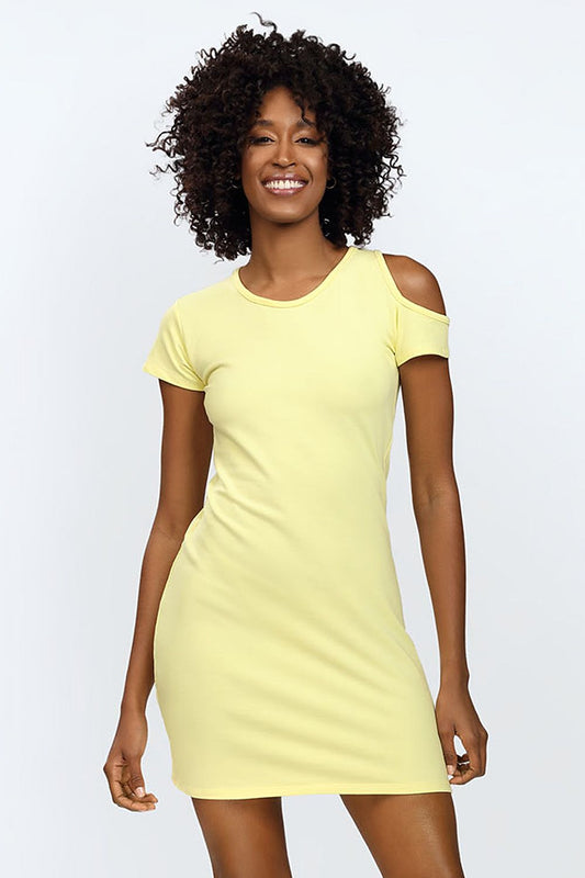 DKaren luxuriously styled cotton mini day dress featuring sexy shoulder cut-out, modelled by a smiling woman with curly hair in a light yellow hue.