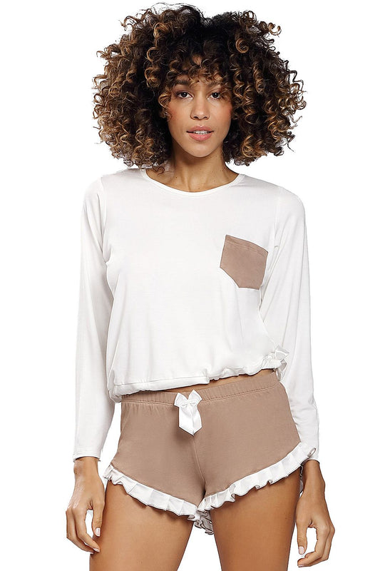 Elegant DKaren luxury viscose set featuring a model in a light long-sleeve blouse with a brown pocket and frilled shorts, perfect for chic nightwear.