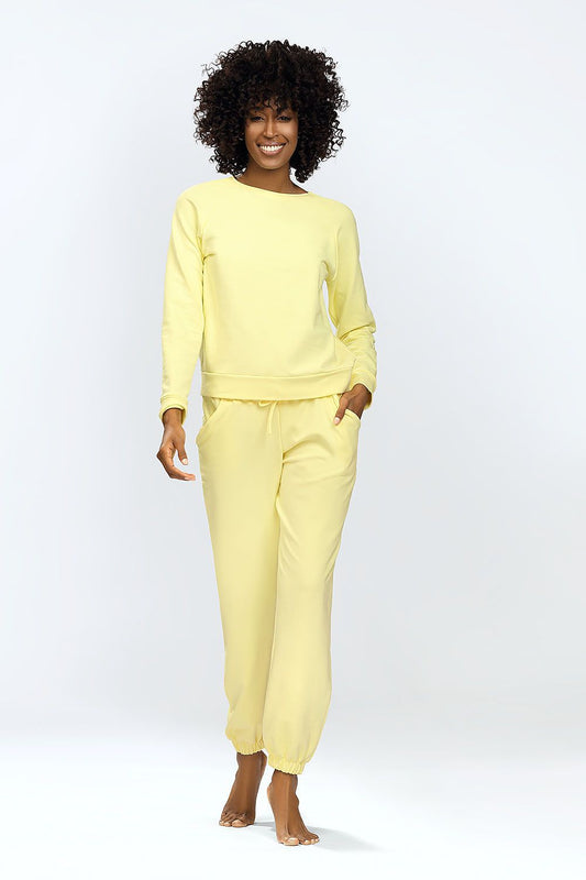 Elegant DKaren Venezia long sleeve sweatshirt and matching sweatpants set in soft yellow, perfect for luxury home wear.