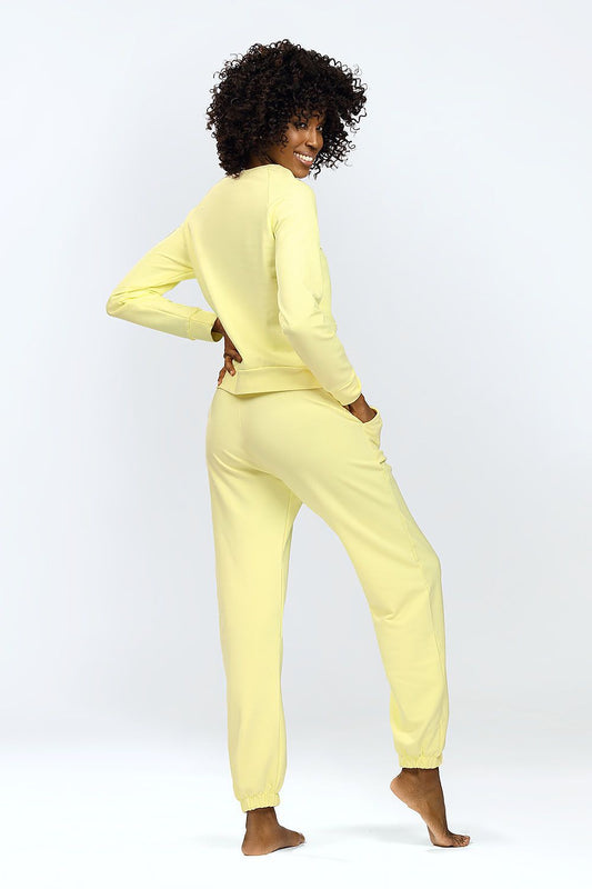 Chic back view of the DKaren Venezia long sleeve sweatshirt and sweatpants set in soft yellow, showcasing refined comfort for home.