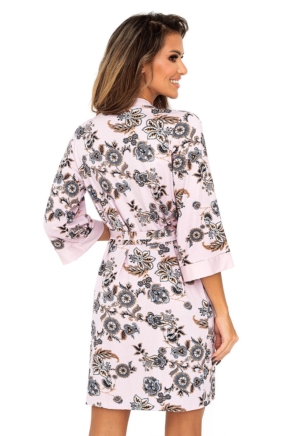 Elegant back view of the Luxury Aisha Pink Viscose Bathrobe by Donna, featuring intricate floral oriental motifs and comfortable pockets, perfect for relaxing in style.