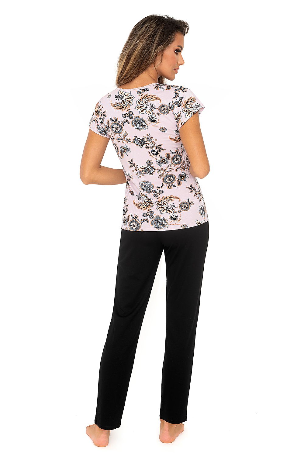 Back view of the Aisha Luxury Floral Motif Pyjama Set, showcasing the intricate floral design on the light pink top and elegant black satin bow pants, crafted by Donna.