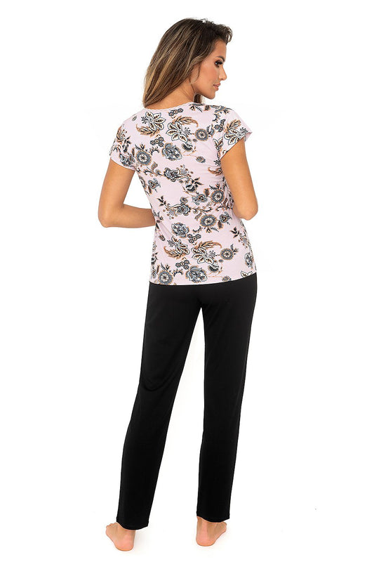 Back view of the Aisha Luxury Floral Motif Pyjama Set, showcasing the intricate floral design on the light pink top and elegant black satin bow pants, crafted by Donna.