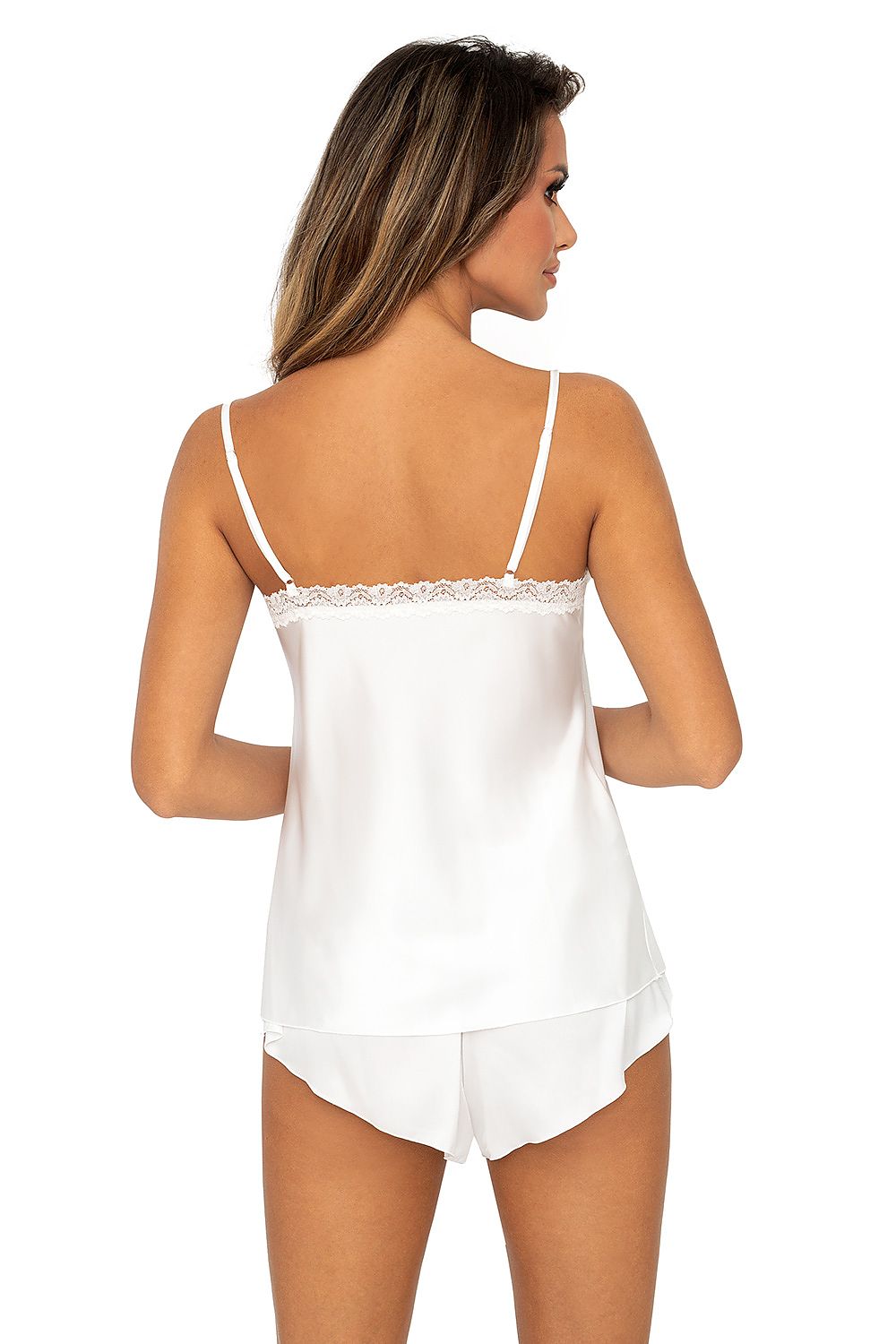 Elegant back view of the white TIFFANI 1/2 pajamas featuring delicate lace detailing, crafted by Donna for a chic loungewear experience.