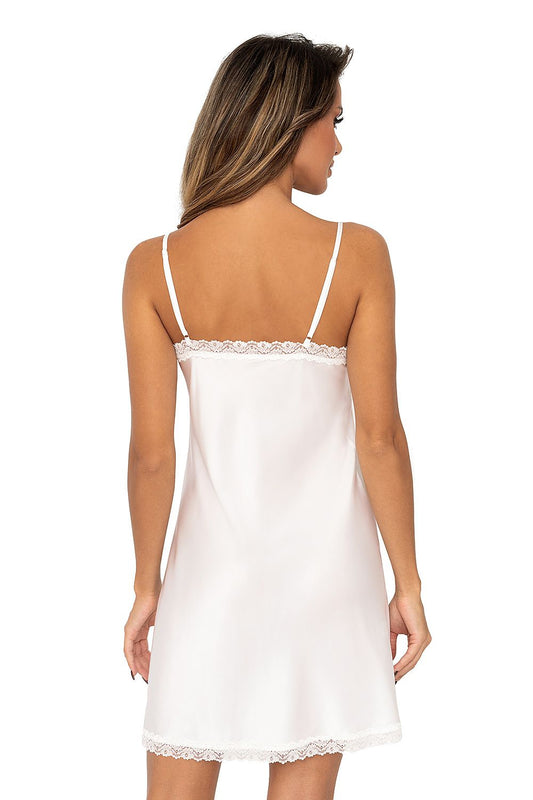 Luxury TIFFANI Satin Chemise Nightshirt by Donna, showcasing delicate lace detailing and adjustable straps, elegantly draping behind a model's back.