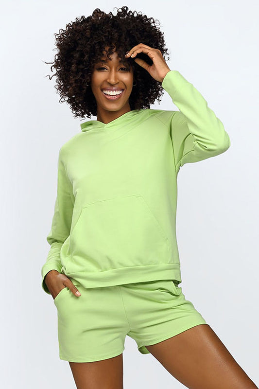 DKaren luxury Koko hoodie and shorts set in vibrant green, featuring a comfortable hooded sweatshirt with a large front pocket and stylish matching shorts, perfect for casual elegance and comfort.