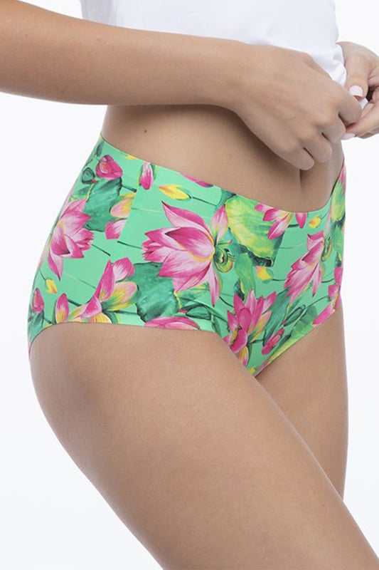 Luxurious Julimex high-waisted seamless panties featuring a vibrant green base adorned with pink lotus flower motifs, elegantly showcasing a figure-flattering fit.