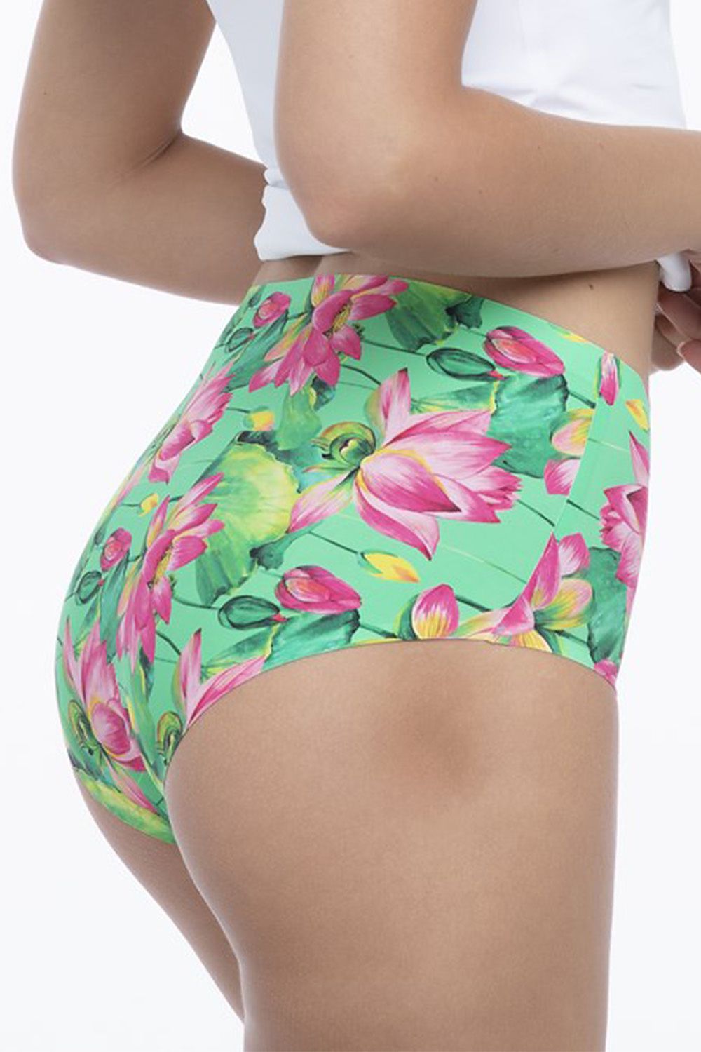 Stylish Julimex Lotus Maxi high-waisted seamless panties presented in an energising green with exquisite pink floral patterns, representing superior comfort and sophistication.