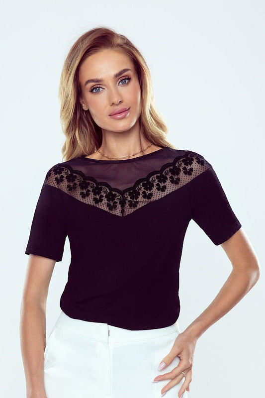 Eldar Elegant Short-Sleeve Blouse featuring a sophisticated transparent tulle and lace neckline, beautifully styled in black, perfect for upscale occasions.