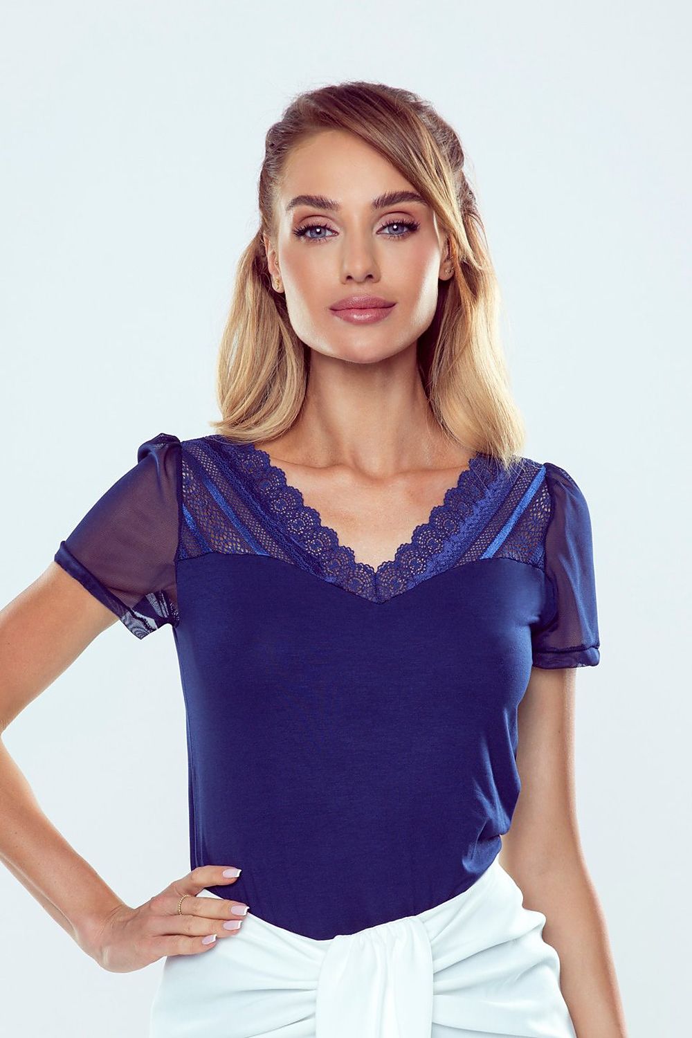 Elegant Eldar viscose blouse featuring exquisite lace and tulle sleeves, designed with a stunning V-neckline and a luxurious silhouette.