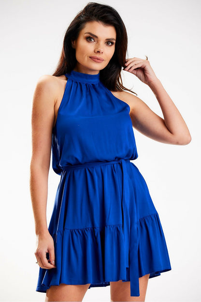 Sophisticated blue loose flared daydress by Awama, designed with a decorative neckline and a tied waist, ideal for daytime elegance and versatile styling options.